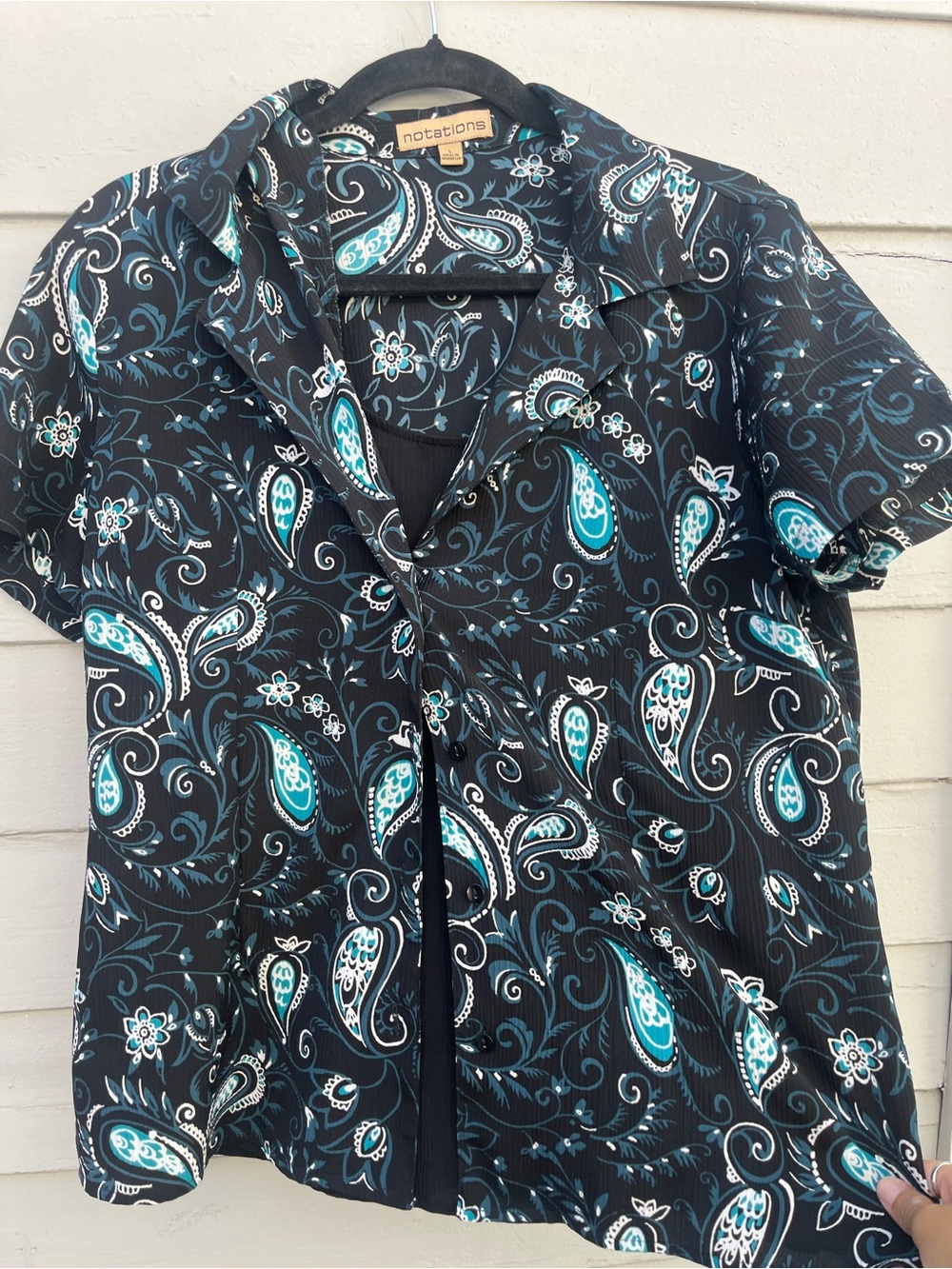 Notations Black and Teal Paisley Short-Sleeve Button-Down Shirt